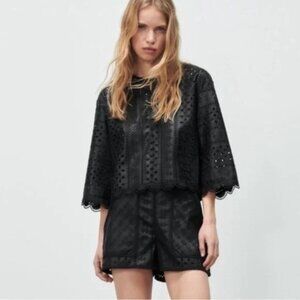 Zara Black Faux Leather Top w/ Eyelet Embroidery (L)